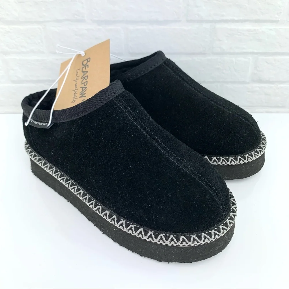 NEW! BearPaw Caroline Black Platform Slippers W/ Patterned Trim Youth Size 13
